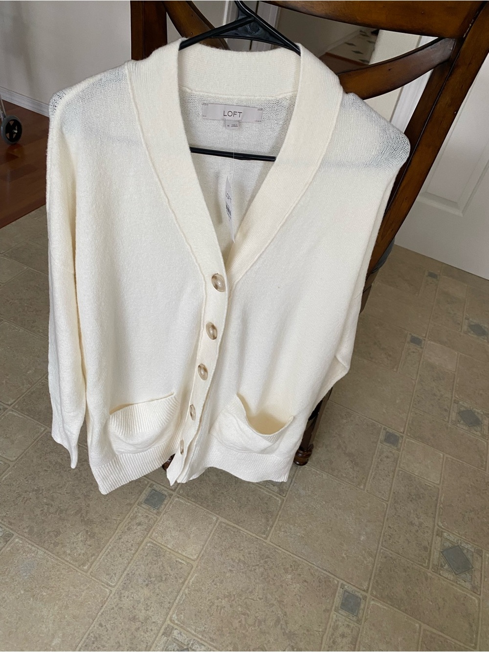 LOFT Cream Button-Front Pocket Cardigan